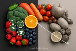 Transparente, fotorealistische Anordnung von Obst, Gemüse und Beeren mit symbolischer Gegenüberstellung („damals/heute“) zur Nährstoffdichte.
