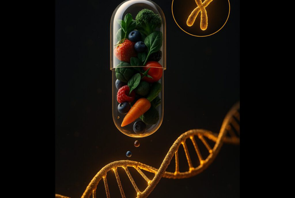 Symbolische Illustration: transparente Kapsel mit Obst, Gemüse & Beeren über DNA-Helix/Telomeren; vergrößerter Chromosomen-Ausschnitt.