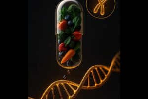 Symbolische Illustration: transparente Kapsel mit Obst, Gemüse & Beeren über DNA-Helix/Telomeren; vergrößerter Chromosomen-Ausschnitt.