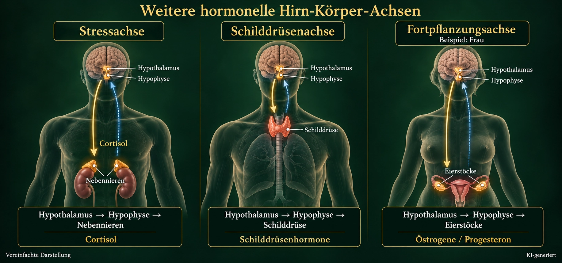 Vereinfachte Darstellung der Stress-, Schilddrüsen- und Fortpflanzungsachse mit Gehirn und zugehörigen Hormondrüsen.