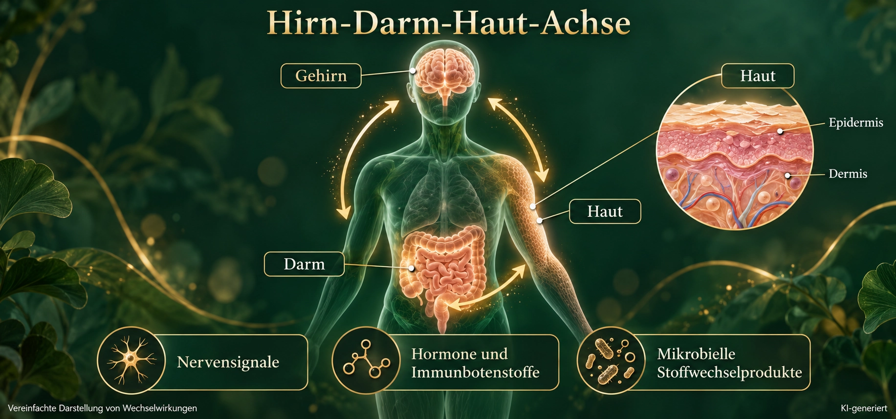 Gehirn, Darm und Haut in einer Körpersilhouette mit symbolischen Verbindungen und einem vergrößerten Hautausschnitt.
