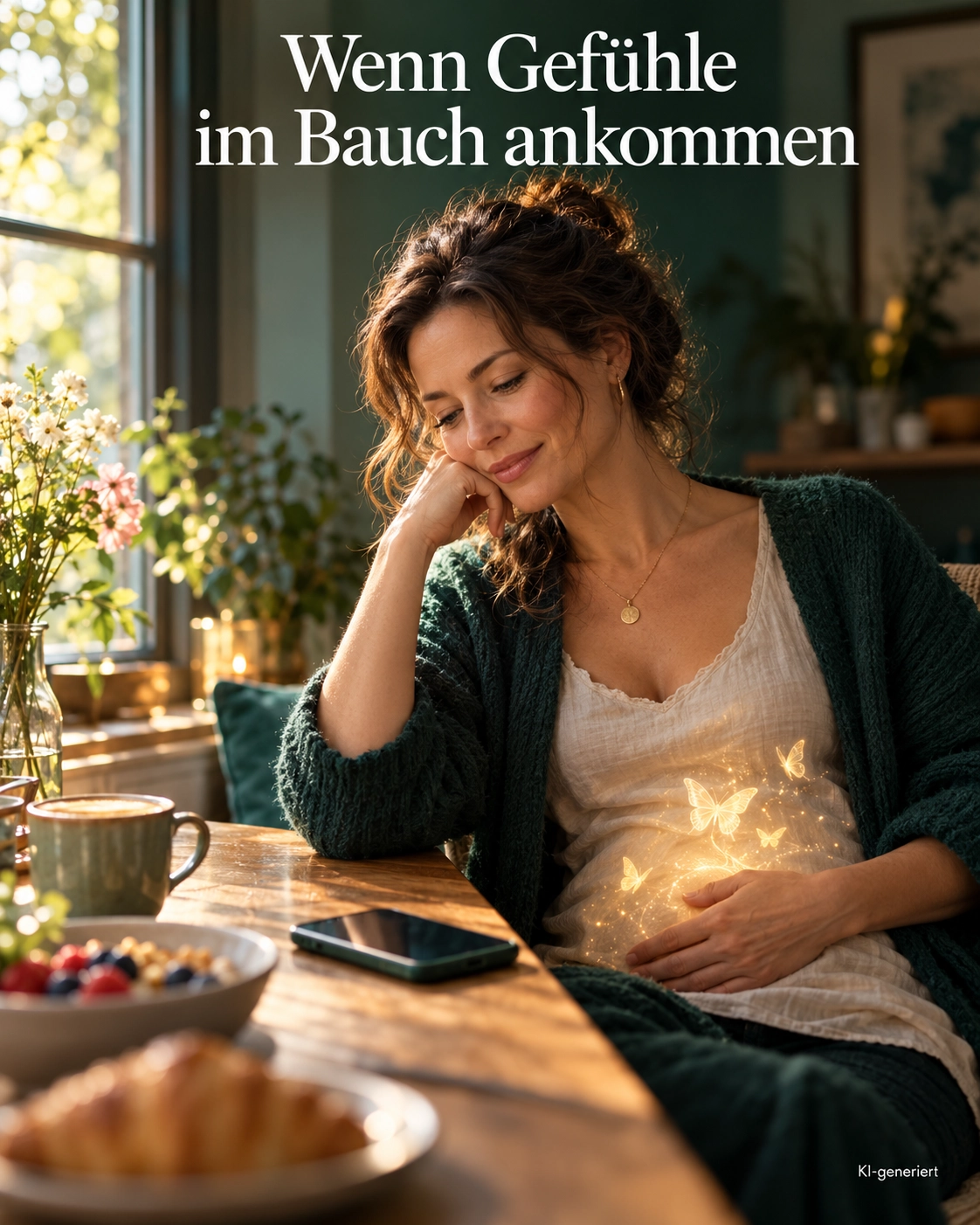 Frau am Frühstückstisch neben einem Smartphone, mit symbolischen goldenen Schmetterlingen im Bauch.